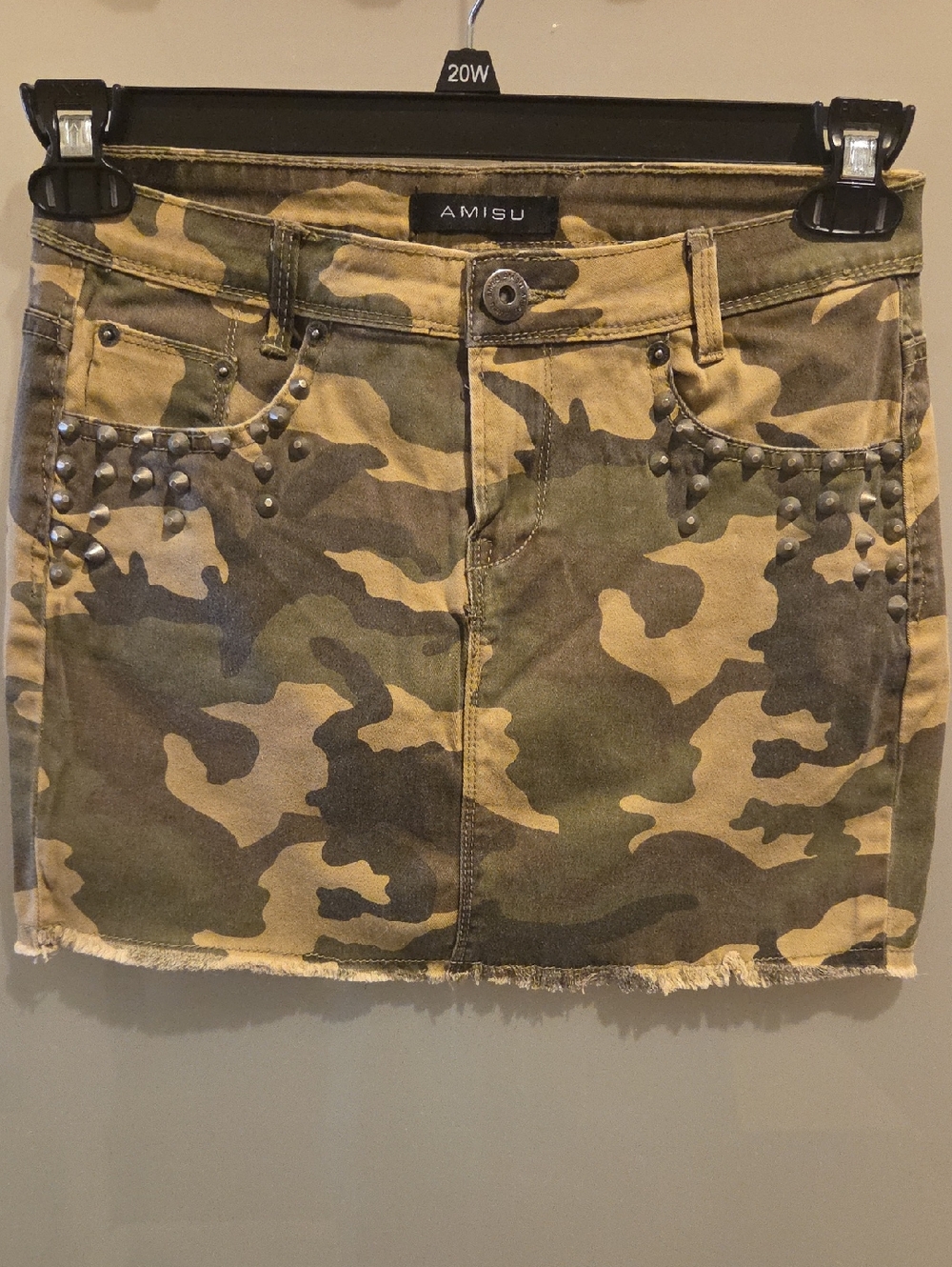 Amisu Camo Mini Skirt with Stud Accents in Green and Brown